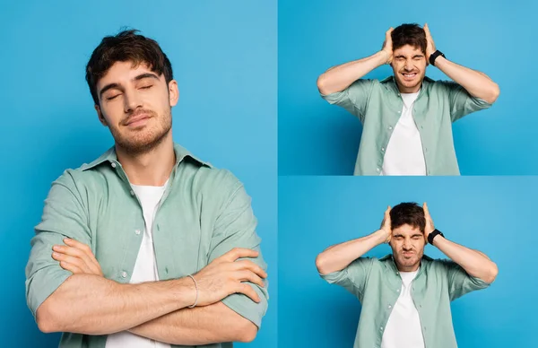 Collage Del Hombre Ensueño Con Los Brazos Cruzados Hombre Agotado — Foto de Stock