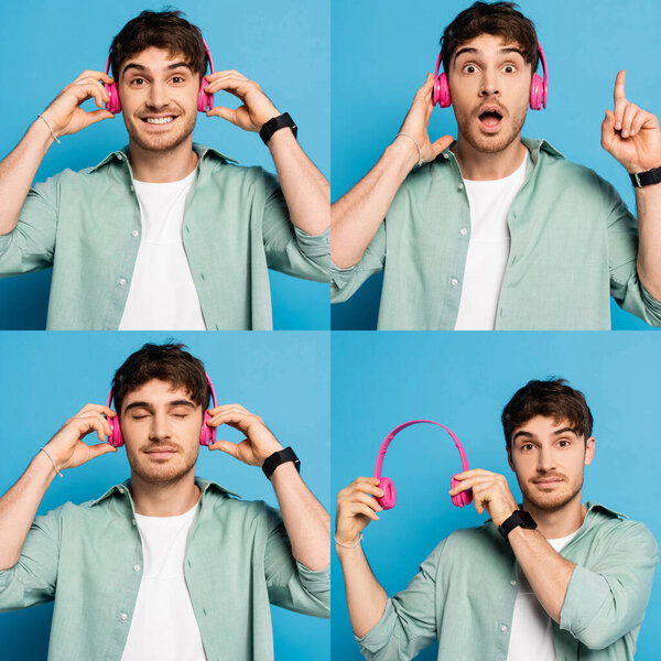 collage of emotional young man listening music and showing wireless headphones on blue