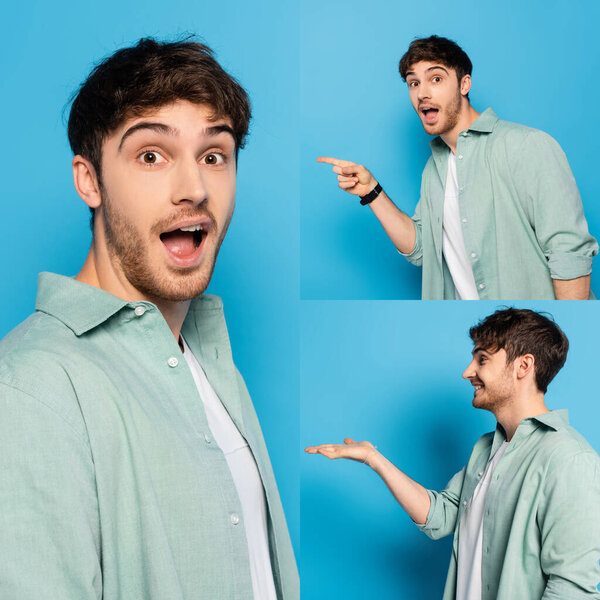 collage of emotional young man pointing with finger and standing with open arm on blue
