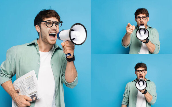 collage of angry man holding newspaper and screaming in megaphone on blue