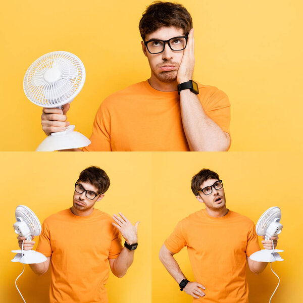 collage of exhausted young man holding electric fan while suffering from heat on yellow
