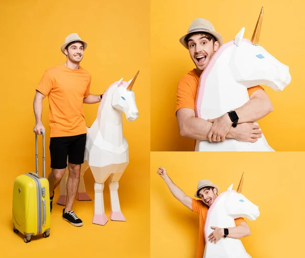 Collage Hombre Feliz Con Bolsa Compras Cerca Modelo Capricornio Amarillo — Foto de Stock