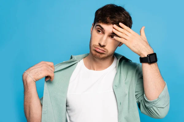 Displeased Young Man Touching Forehead While Suffering Summer Heat Isolated — Stock Photo, Image