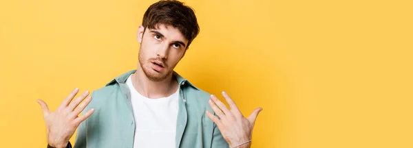 Panoramic Shot Exhausted Young Man Waving Hands While Suffering Heat — Stock Photo, Image