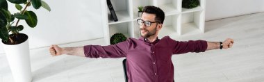 Genç iş adamının gözlüklü yüksek açılı görüntüsü saksı bitkisinin yanında ellerini uzatıyor, panoramik yönelim