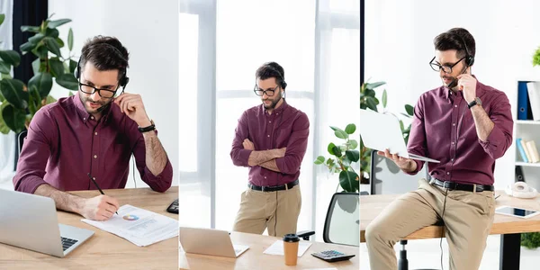 collage of businessman in headset working during video chat on laptop, horizontal image