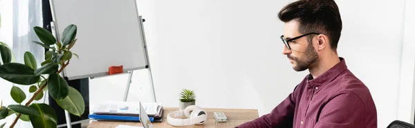 Panoramic Orientation Serious Young Businessman Sitting Workplace Flipchart Green Plant — Stock Photo, Image