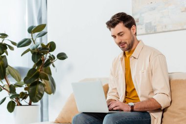 Oturma odasında dizüstü bilgisayar kullanan yakışıklı bir serbest yazar.