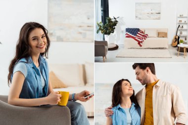 Elinde kupa ve akıllı telefon tutan gülümseyen kadın kolajı oturma odasındaki kanepede kız arkadaşı ve Amerikan bayrağını kucaklayan adam.