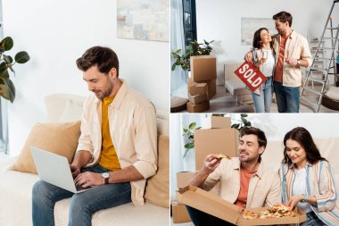 Dizüstü bilgisayarda çalışan bir adamın kolajı, yeni evde şampanya bardağıyla kız arkadaşını kucaklaması ve elinde pizza tutması. 