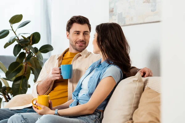 Selective Focus Smiling Man Drinking Coffee Girlfriend Home — Stock Photo, Image
