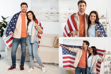 Oturma odasında kameraya gülümseyen Amerikan bayrağına sarılı gülümseyen çiftin kolajı.