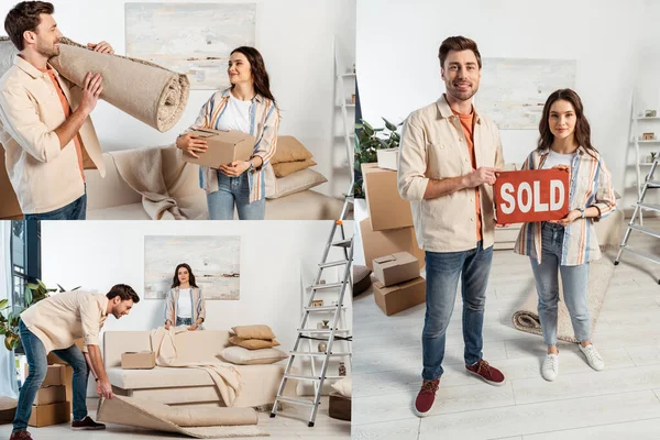 Collage Young Couple Holding Nameplate Sold Lettering While Moving Living — Stock Photo, Image