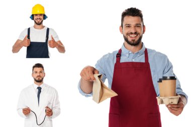 Collage of smiling waiter with coffee to go and paper bag, doctor holding stethoscope and workman showing thumbs up isolated on white clipart