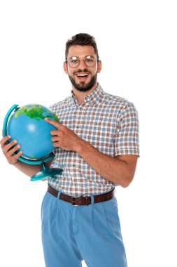Happy nerd pointing with finger at globe isolated on white clipart