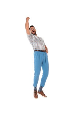 Positive nerd showing yeah gesture isolated on white clipart