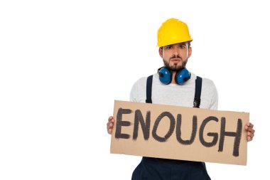 Angry builder holding signboard with enough lettering isolated on white clipart