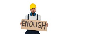 Panoramic crop of builder holding signboard with enough lettering isolated on white clipart