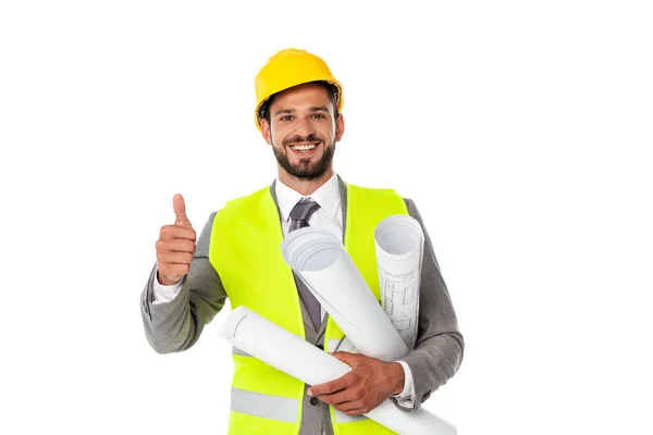 Handsome Engineer Showing Thumb While Holding Blueprints Smiling Camera Isolated — Stock Photo, Image
