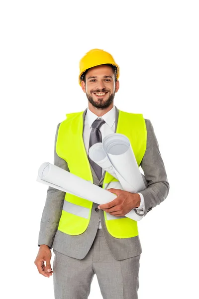 Handsome Positive Engineer Suit Safety Vest Holding Blueprints Looking Camera — Stock Photo, Image