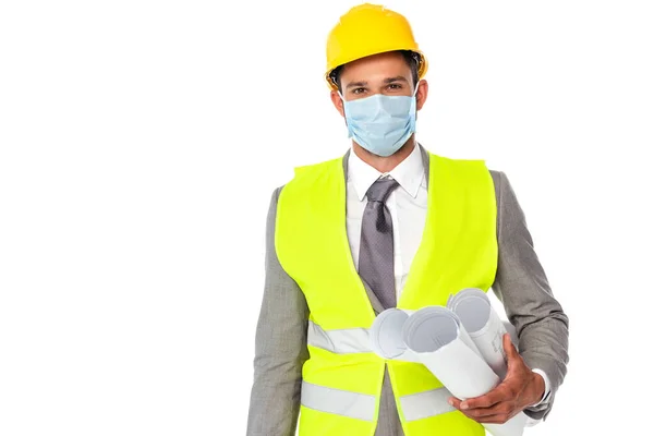 Engineer Suit Hardhat Holding Blueprints Looking Camera Isolated White — Stock Photo, Image