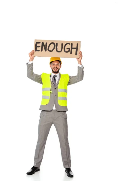 Smiling Engineer Holding Signboard Enough Lettering White Background — Stock Photo, Image