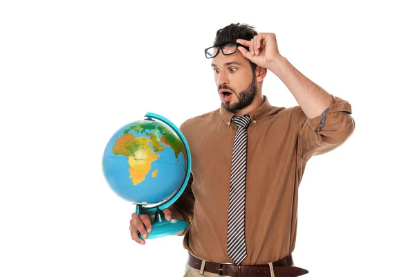Surprised Teacher Holding Eyeglasses Looking Globe Isolated White — Stock Photo, Image