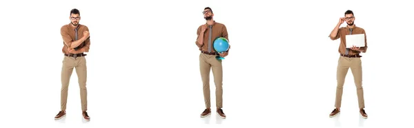 Collage Beau Professeur Tenant Globe Ordinateur Portable Sur Fond Blanc — Photo