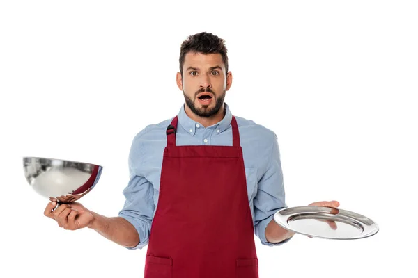 Shocked Waiter Apron Holding Tray Cloche Isolated White — Stock Photo, Image