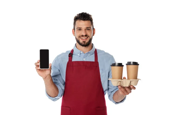 Handsome Waiter Smiling Camera While Holding Paper Cups Smartphone Blank — Stock Photo, Image