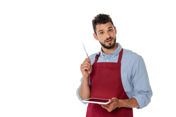 Handsome Waiter Holding Pen Digital Tablet While Looking Camera Isolated — Stock Photo, Image