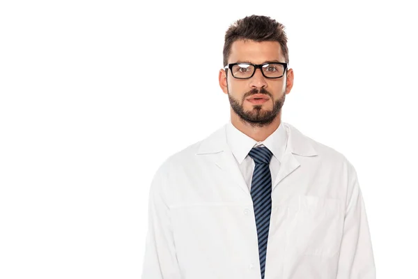 白いコートと眼鏡でハンサムな髭の医者は白い上に隔離されたカメラを見て — ストック写真