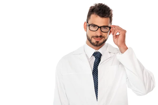 Smiling Bearded Doctor Holding Eyeglasses Smiling Camera Isolated White — Stock Photo, Image