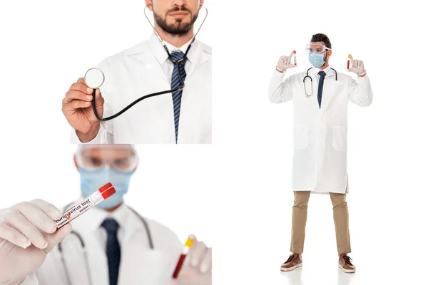 Collage Läkare Medicinsk Mask Och Skyddsglasögon Håller Provrör Med Blodprov — Stockfoto