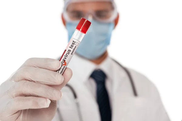 Selective Focus Doctor Safety Mask Goggles Showing Test Tube Blood — Stock Photo, Image