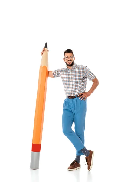 Smiling Nerd Hand Hip Standing Big Pencil White Background — Stock Photo, Image