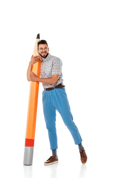 Positive Nerd Eyeglasses Embracing Big Pencil White Background — Stock Photo, Image