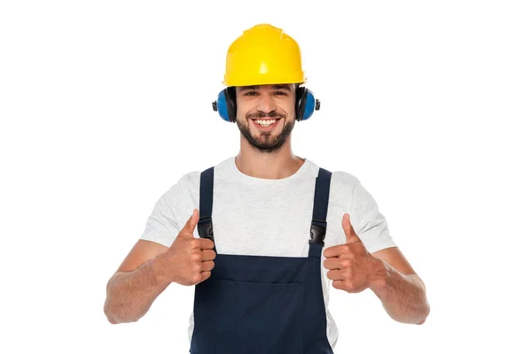 Schöner Lächelnder Bauarbeiter Uniform Zeigt Daumen Hoch Die Kamera — Stockfoto