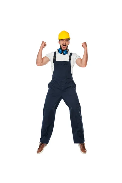 Emocionado Constructor Ropa Trabajo Hardhat Mostrando Gesto Aislado Blanco — Foto de Stock