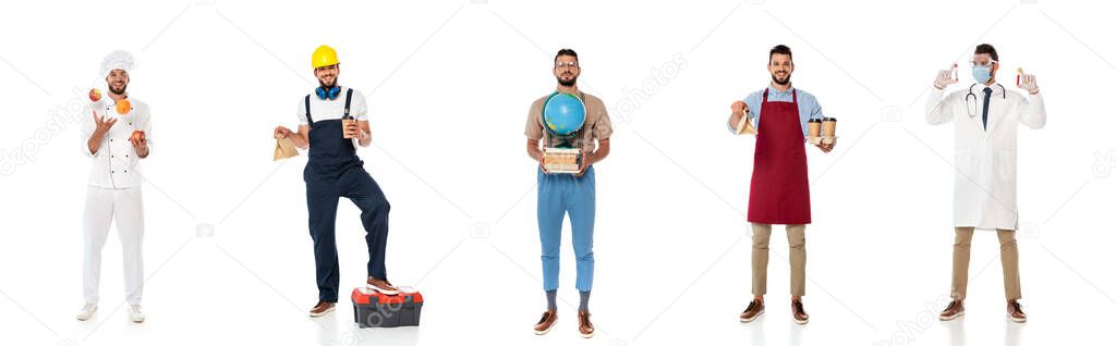 Collage of man in uniforms of professions with equipment on white background