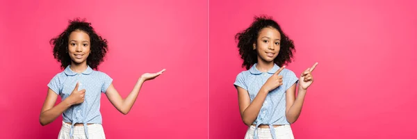 Gülümseyen Kıvırcık Saçlı Afro Amerikalı Çocuğun Parmaklarıyla Işaret Ettiği Pembe — Stok fotoğraf