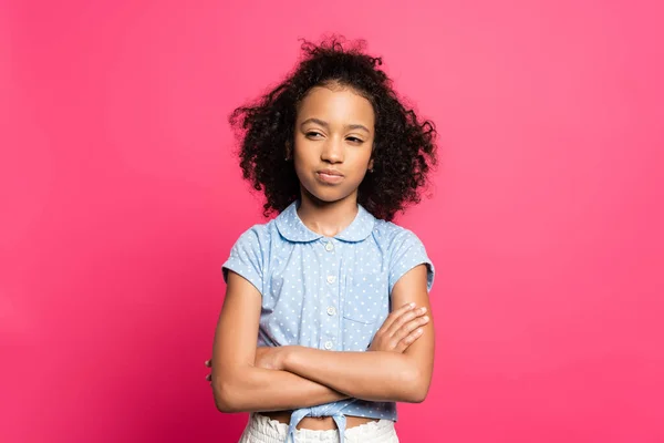 Pensive Cute Curly African American Kid Crossed Arms Isolated Pink — Stock Photo, Image