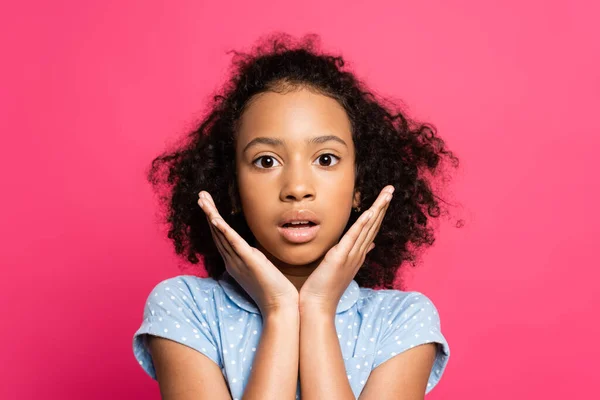 Shocked Cute Curly African American Kid Hands Face Isolated Pink — Stock Photo, Image