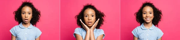 Şirin Kıvırcık Afrikalı Amerikalı Çocuğun Pembe Üzerinde Izole Edilmiş Duygularını — Stok fotoğraf
