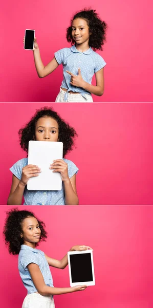 Collage Sonriente Lindo Rizado Niño Afroamericano Con Tableta Digital Teléfono —  Fotos de Stock