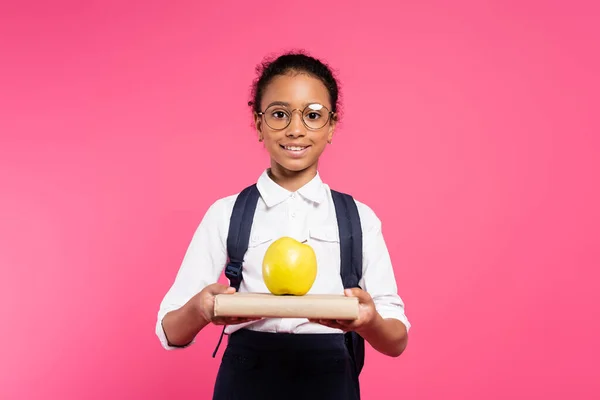 Smiling African American Schoolgirl Glasses Book Apple Isolated Pink — Stock Photo, Image