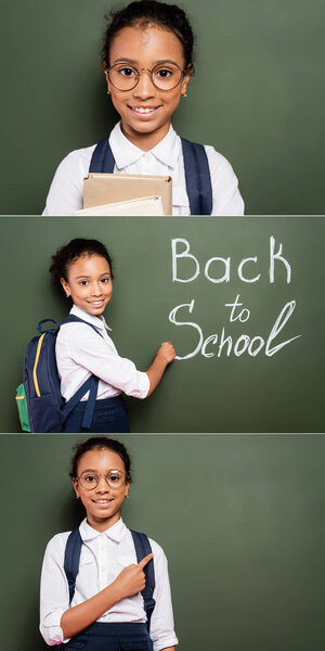 collage of smiling african american schoolgirl with backpack writing back to school inscription on green chalkboard