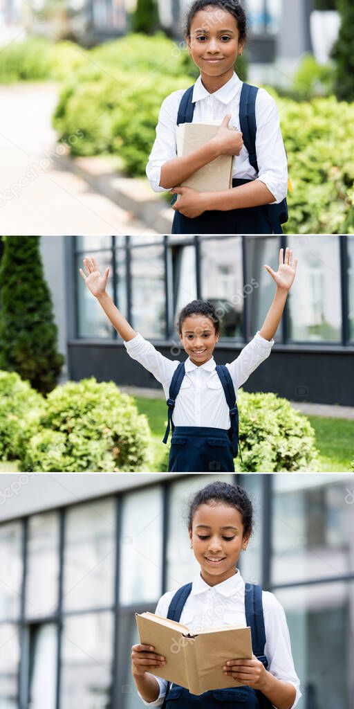 collage of smiling african american schoolgirl with backpack and book outdoors