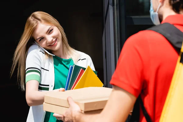 Selective Focus Courier Medical Mask Giving Pizza Boxes Smiling Girl — Stock Photo, Image