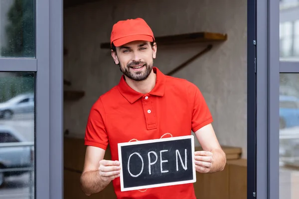 Smiling Waiter Looking Camera Holding Signboard Open Lettering Cafe Urban — Stock Photo, Image